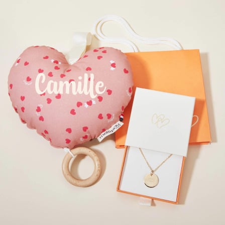 Coffret cadeau Coussin musical bébé coeur et collier personnalisé Merci Maman x Mellipou