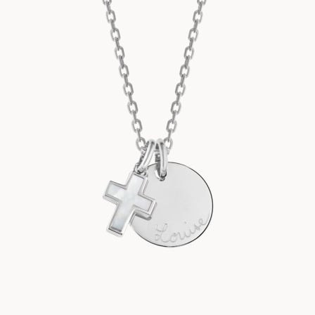 Personalisierte Perlmutt Kreuz Halskette in Sterlingsilber merci maman