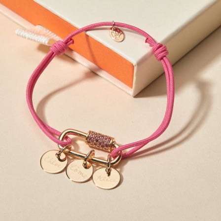 Personalised Pink Crystal Lucky Charm Name Braid Bracelet gold plated merci maman