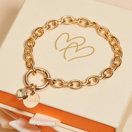 Pulsera personalizada Amuleto de la Suerte circular con gema de corazón baño de oro merci maman