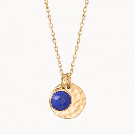 Personalised Small Hammered Disc & Birthstone Necklace gold plated lapis lazuli merci maman