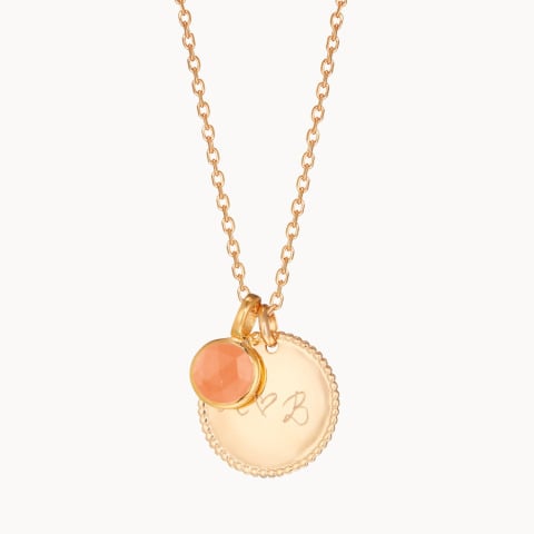Personalised Beaded Disc & Birthstone Necklace gold plated aqua chalcedony merci maman
