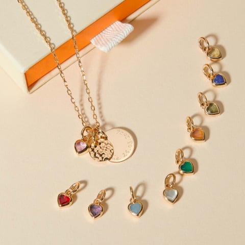 Personalised Mini Hammered Double Disc & Heart Birthstone Necklace Merci Maman