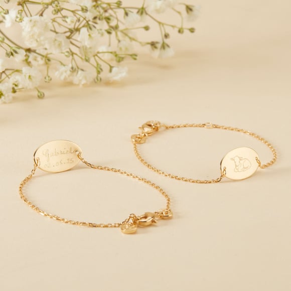 Pulsera personalizada de cadena con ilustración para bautizo o comunión baño de oro merci maman