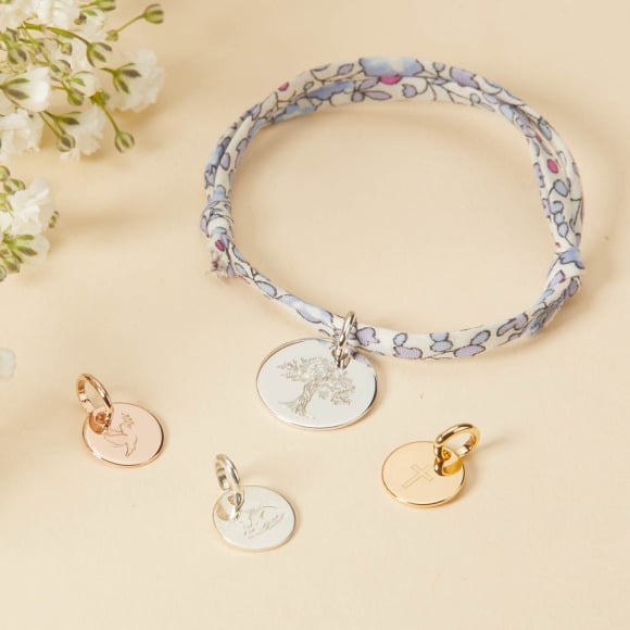 Braccialetto Liberty con illustrazione personalizzata per Battesimo o Comunione placcato in oro merci maman