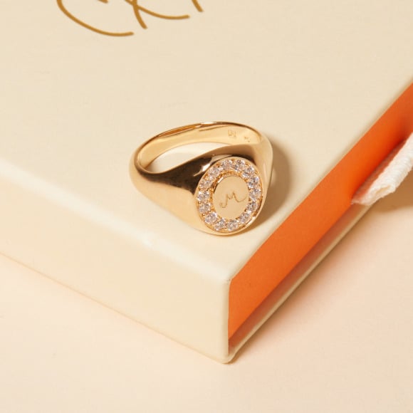 Personalised Crystal Oval Signet Ring Merci Maman
