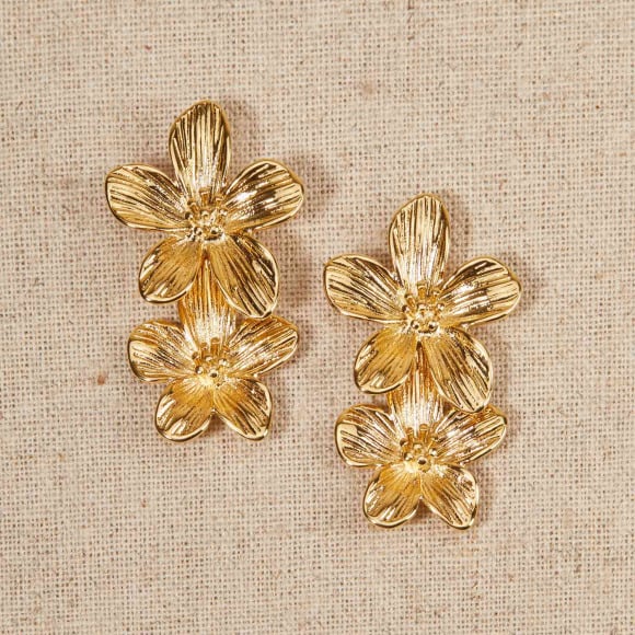 Doppelte Blumen-Ohrringe in goldfarbenem Edelstahl merci maman