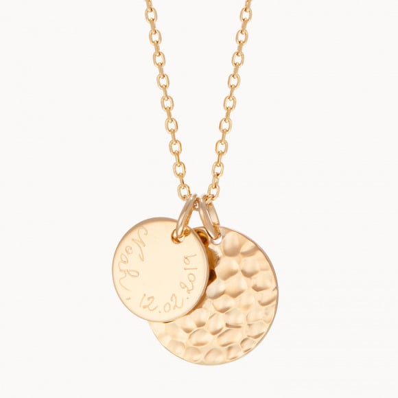 Personalised Hammered Double Disc Necklace gold plated merci maman