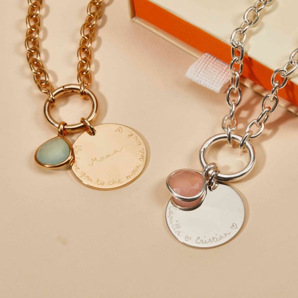 Collier personnalisé Breloque Grand Disque & Pierre Fine sur fermoir Rond plaqué or merci maman
