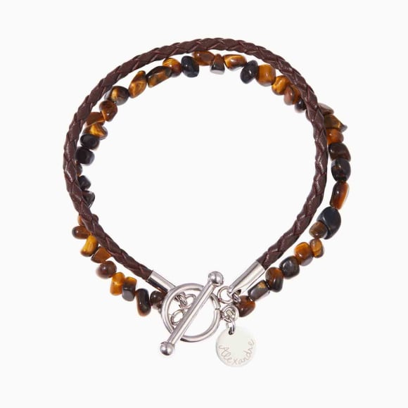 Personalisiertes braunes Lederarmband mit Beads für Männer merci maman