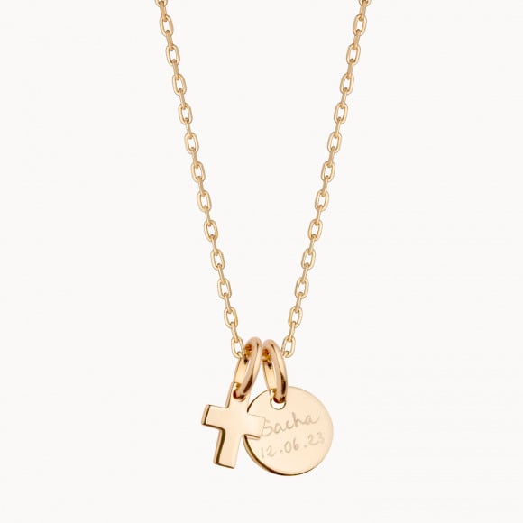 Collar Personalizado con Mini Cruz bano de oro amarillo merci maman