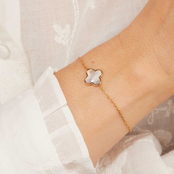 Personalised Mother of Pearl Clover Cross Chain Bracelet gold plated merci maman