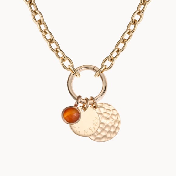 Collar personalizado Amuleto de la Suerte circular con dúo martelé y piedra baño de oro merci maman