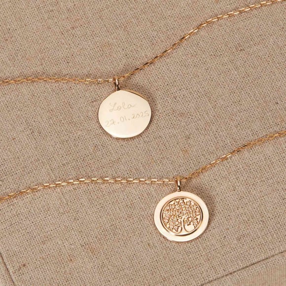 Collier personnalisé Médaille Arbre de Vie plaqué or merci maman