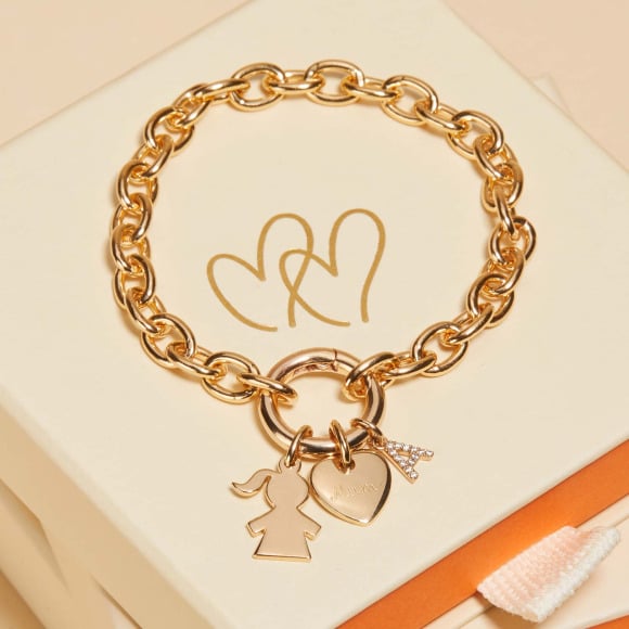 Pulsera personalizada con Amuleto de la Suerte circular baño de oro merci maman