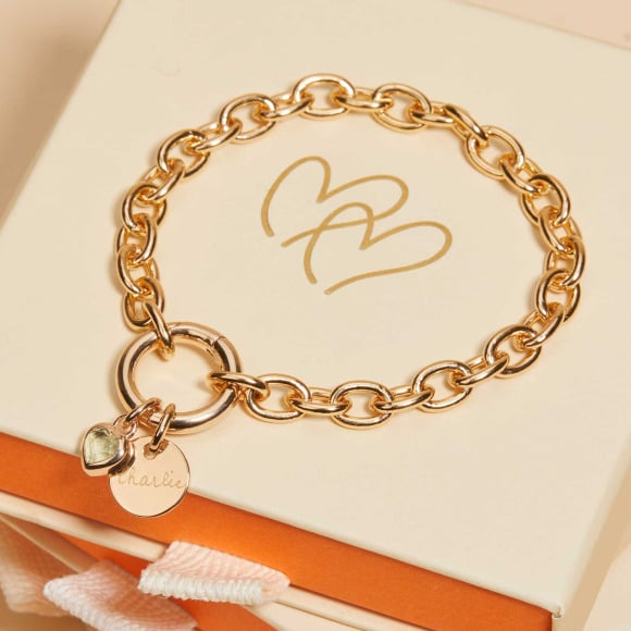 Bracciale personalizzato portafortuna con pietra di nascita a cuore con chiusura rotonda placcato in oro merci maman