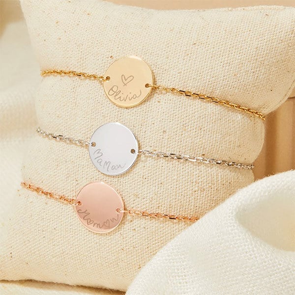 bracelets pastille sur chaîne or, argent et or rose merci maman