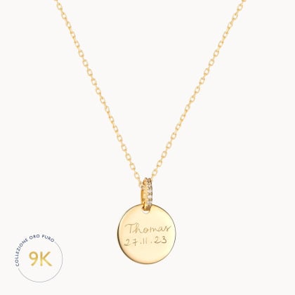 Collana personalizzata con disco di diamanti in oro 9 carati merci maman