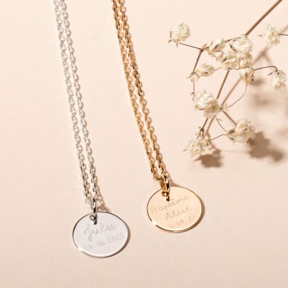 Medalla personalizada de bautizo o comunión bano de oro plata merci maman