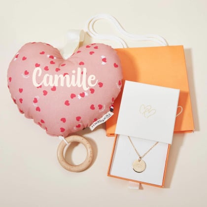 Coffret cadeau Coussin musical bébé coeur et collier personnalisé Merci Maman x Mellipou