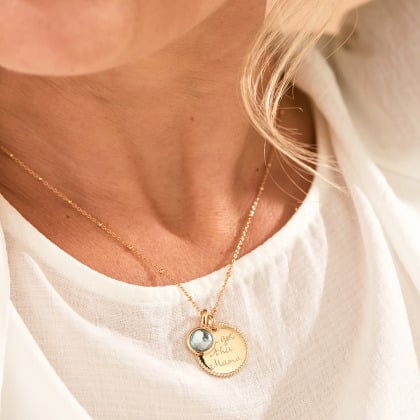 Collier Disque Perlé & Pierre de naissance personnalisé plaqué or Topaze Bleue merci maman