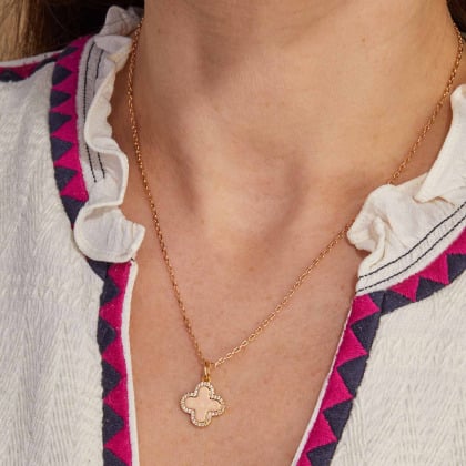 Personalisierte Kristall Klee Kreuz Halskette vergoldet merci maman
