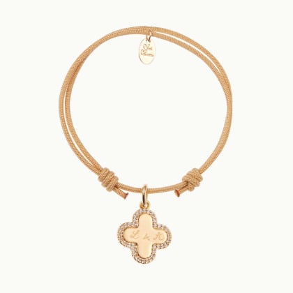 Pulsera personalizada con cruz de trébol en cristal baño de oro merci maman