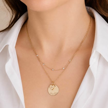 Collana personalizzata con stella in cristallo su cuore e disco piccolo| Merci Maman
