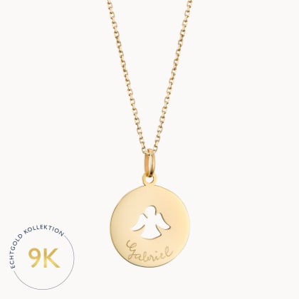 Personalisierte 375er Gold Halskette mit offenem Engel Plättchen merci maman