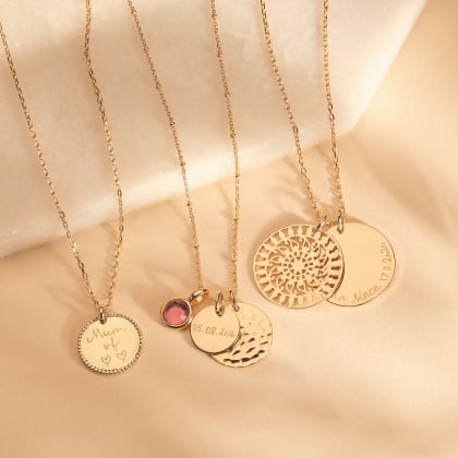 Personalisierte gehämmerte Münz Duo Halskette mit Geburtsstein vergoldet Rosa Turmalin merci maman
