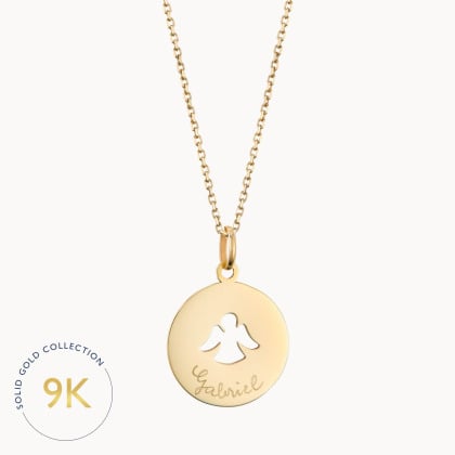 Personalised 9 Carat Gold Open Angel Disc Necklace  merci maman