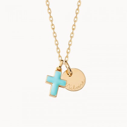 Personalisierte Emaille Kreuz Halskette vergoldet merci maman
