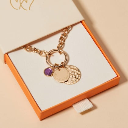 Collar personalizado Amuleto de la Suerte circular con dúo martelé y piedra baño de oro merci maman