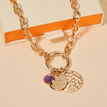 Collar personalizado Amuleto de la Suerte circular con dúo martelé y piedra baño de oro merci maman