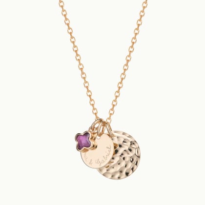 Collier double Disque Martelé & Pierre de Naissance Croix Romane personnalisé Gold PLated Merci Maman