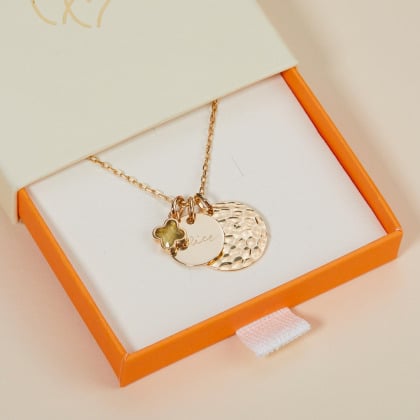 Collier double Disque Martelé & Pierre de Naissance Croix Romane personnalisé Gold PLated Merci Maman