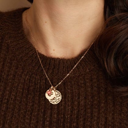 Collier double Disque Martelé & Pierre de Naissance Croix Romane personnalisé plaqué or Merci Maman