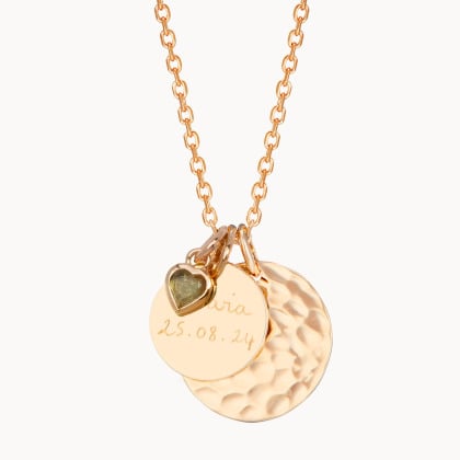 Collana personalizzata a doppio disco martellato e pietra a cuore placcato in oro merci maman