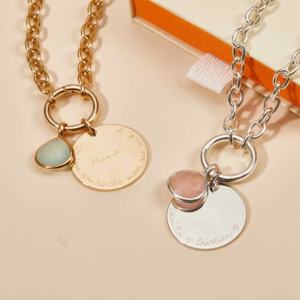 Personalised Large Disc and Gemstone Round Lucky Charm Necklace gold palted merci maman