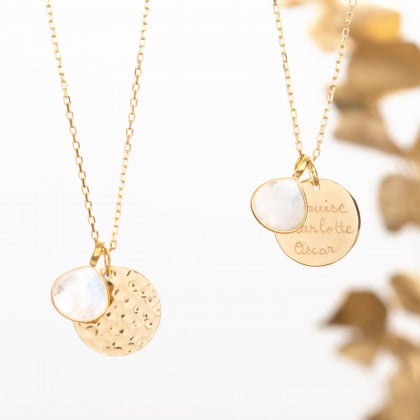 Personalised Large Hammered Disc & Gemstone Necklace gold plated moonstone merci maman