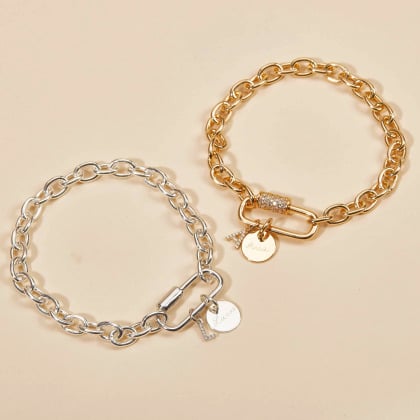 Pulsera personalizada Mini Alfabeto con Amuleto de la Suerte baño de oro merci maman