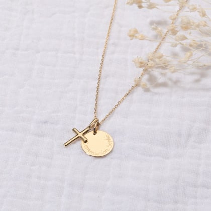 Collana personalizzata con disco e croce in oro 9 carati merci maman