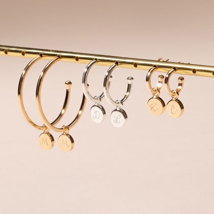 Personalised Disc Hoop Earrings gold plated merci maman