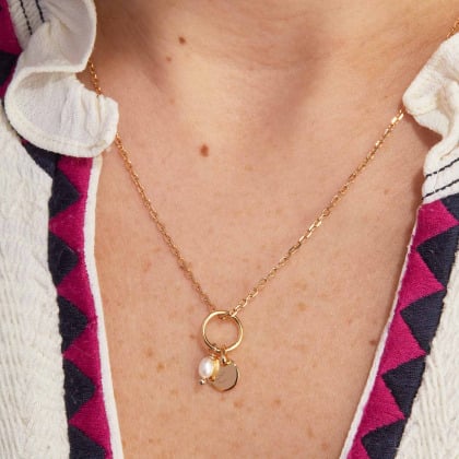 Collier personnalisé Anneau Eternité et Mini Perle  plaqué or merci maman