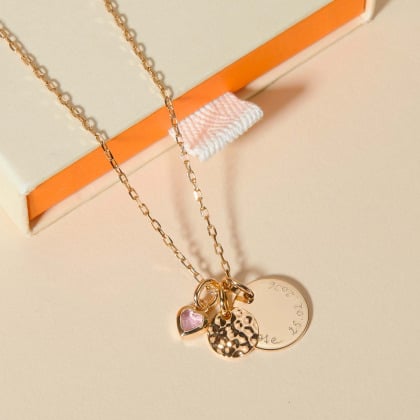 Personalised Mini Hammered Double Disc & Heart Birthstone Necklace Merci Maman