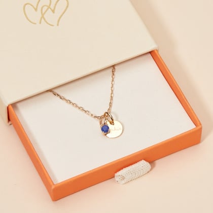 Collana personalizzata con mini disco e cristallo solitario pietra di nascita| Merci Maman