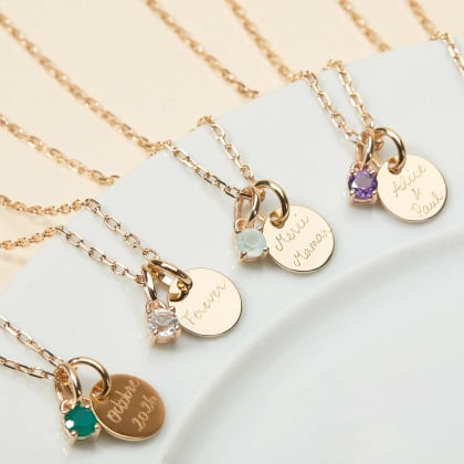 Collana personalizzata con mini disco e cristallo solitario pietra di nascita| Merci Maman