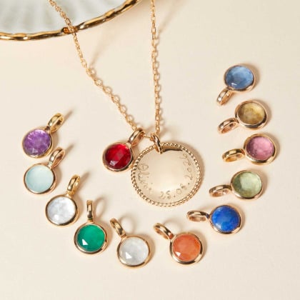 Collier Disque Perlé & Pierre de naissance personnalisé plaqué or Topaze Bleue merci maman