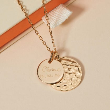 Personalised Hammered Double Disc Necklace gold plated merci maman