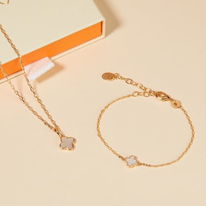 Personalised Mother of Pearl Mini Clover Cross Necklace Gold Plated Merci Maman